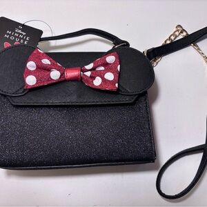 Disney Minnie Mouse Black Glitter Bag with Red Polka Dot Bow